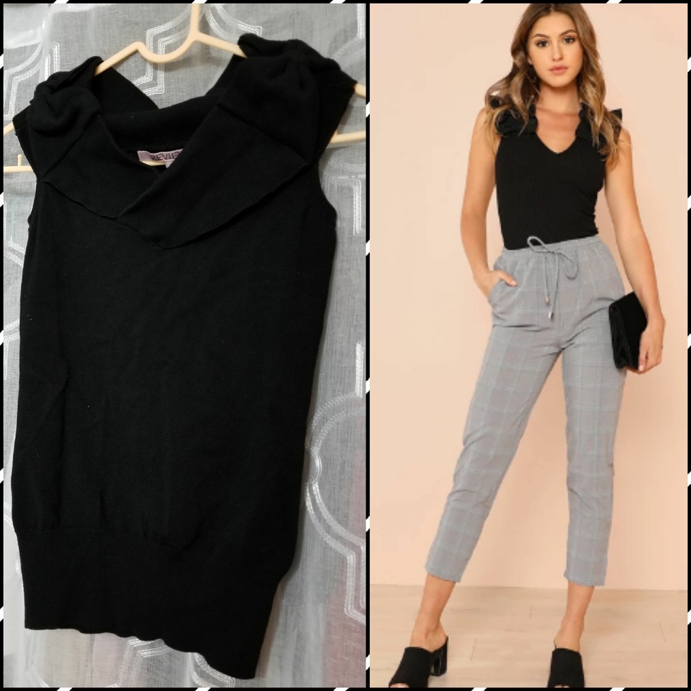 Black knit top with bow shoulders